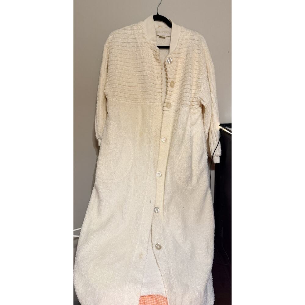 Vtg Herbcraft Cream Chenille Dressing Gown Robe Coverup Womens S Button Front